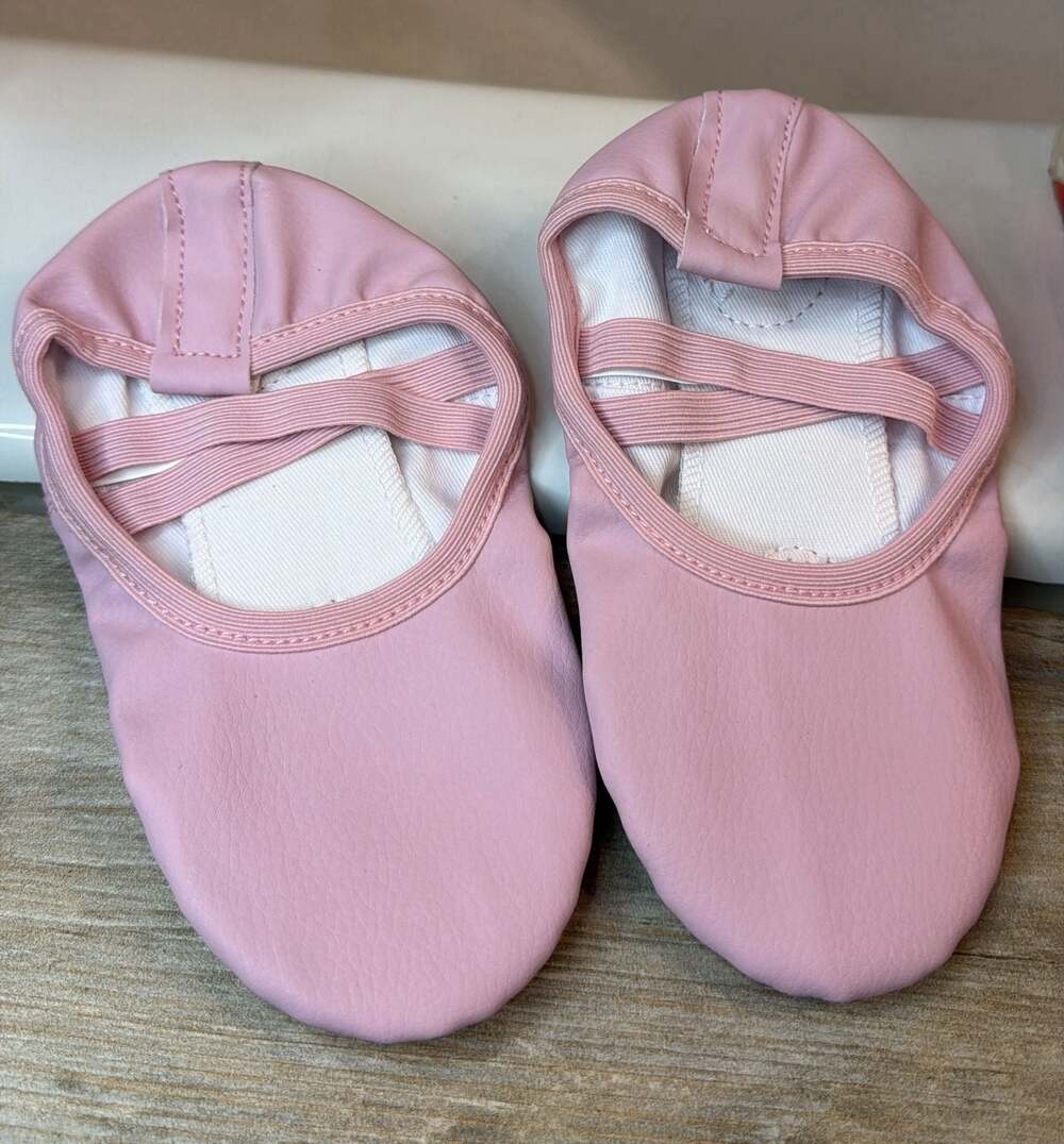 Girls Pink Leather Ballet Shoes Split-Sole Slippers with Elastic Cross Straps